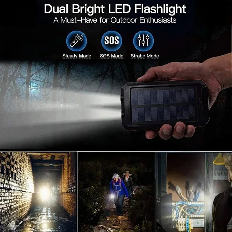 100000mAh Portabel Powerbank med Solcellsladdning och LED-lampa - Perfekt för Camping och Uteliv