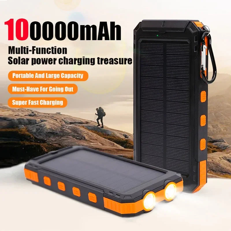 100000mAh Portabel Powerbank med Solcellsladdning och LED-lampa - Perfekt för Camping och Uteliv