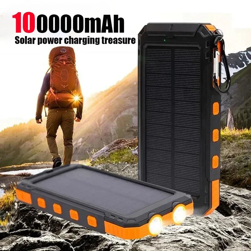 100000mAh Portabel Powerbank med Solcellsladdning och LED-lampa - Perfekt för Camping och Uteliv
