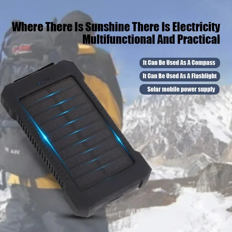 100000mAh Portabel Powerbank med Solcellsladdning och LED-lampa - Perfekt för Camping och Uteliv