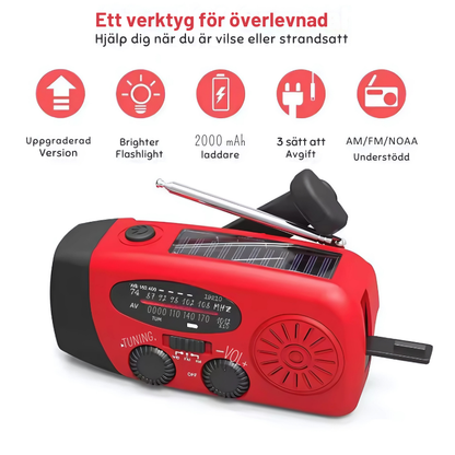 Solcellsradio med Nödlampa – 2000mAh, USB & Vattentålig