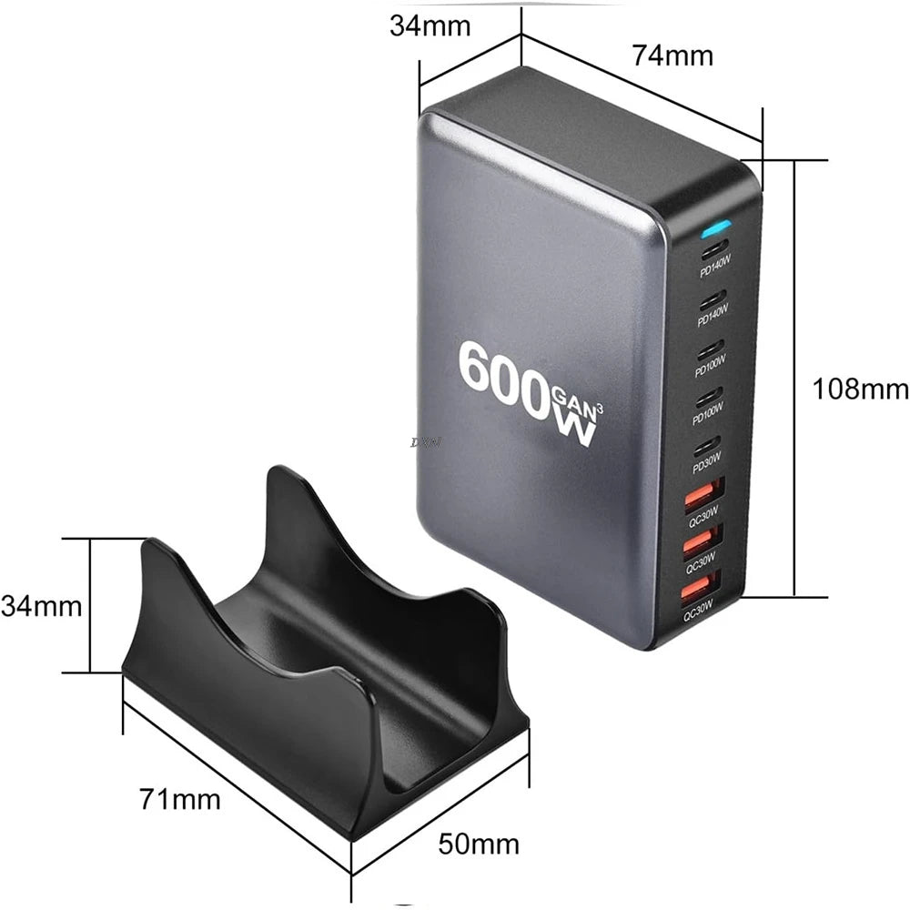 600W GaN Snabbladdare med 8 USB-C | Supersnabb PD3.1 för iPhone, Samsung & Laptop