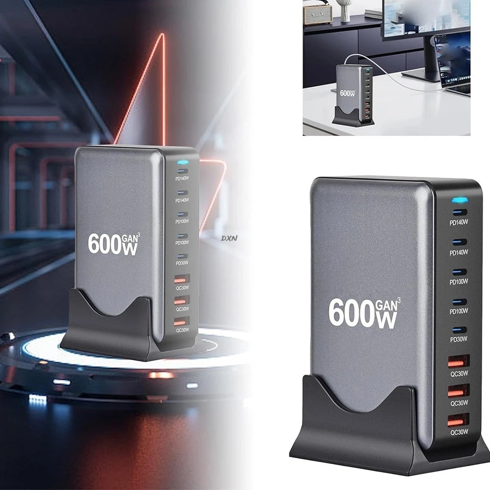 600W GaN Snabbladdare med 8 USB-C | Supersnabb PD3.1 för iPhone, Samsung & Laptop