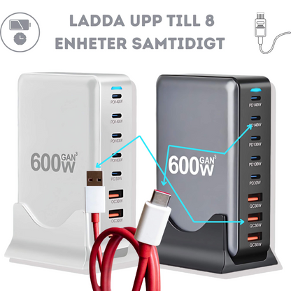 600W GaN Snabbladdare med 8 USB-C | Supersnabb PD3.1 för iPhone, Samsung & Laptop